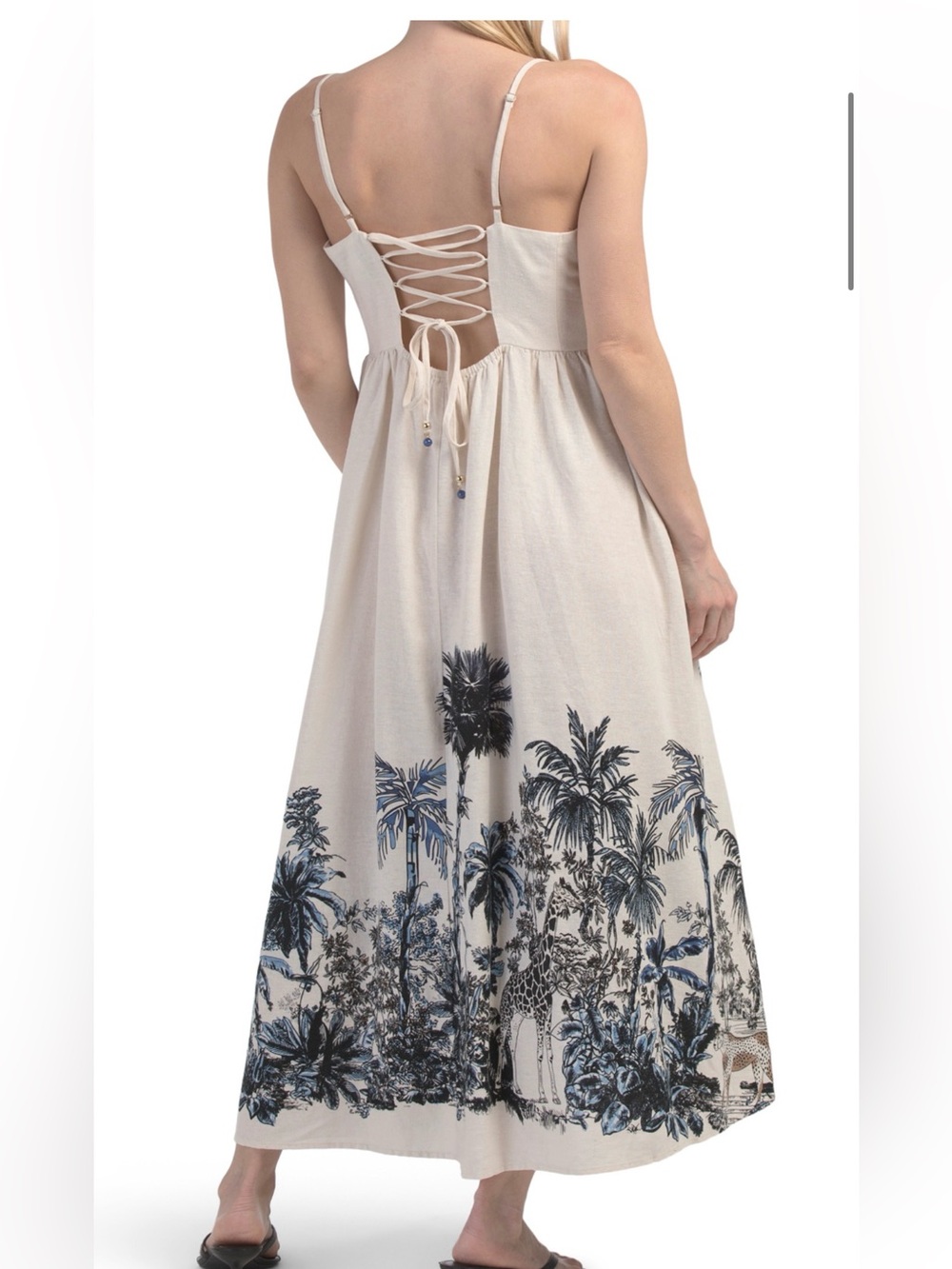 Sleeveless Cream Tropical-Print Maxi Dress